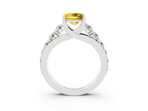 White gold Princess Cut Yellow Sapphire Engagement Ring with Pavé Band and Four-Prong Setting_3