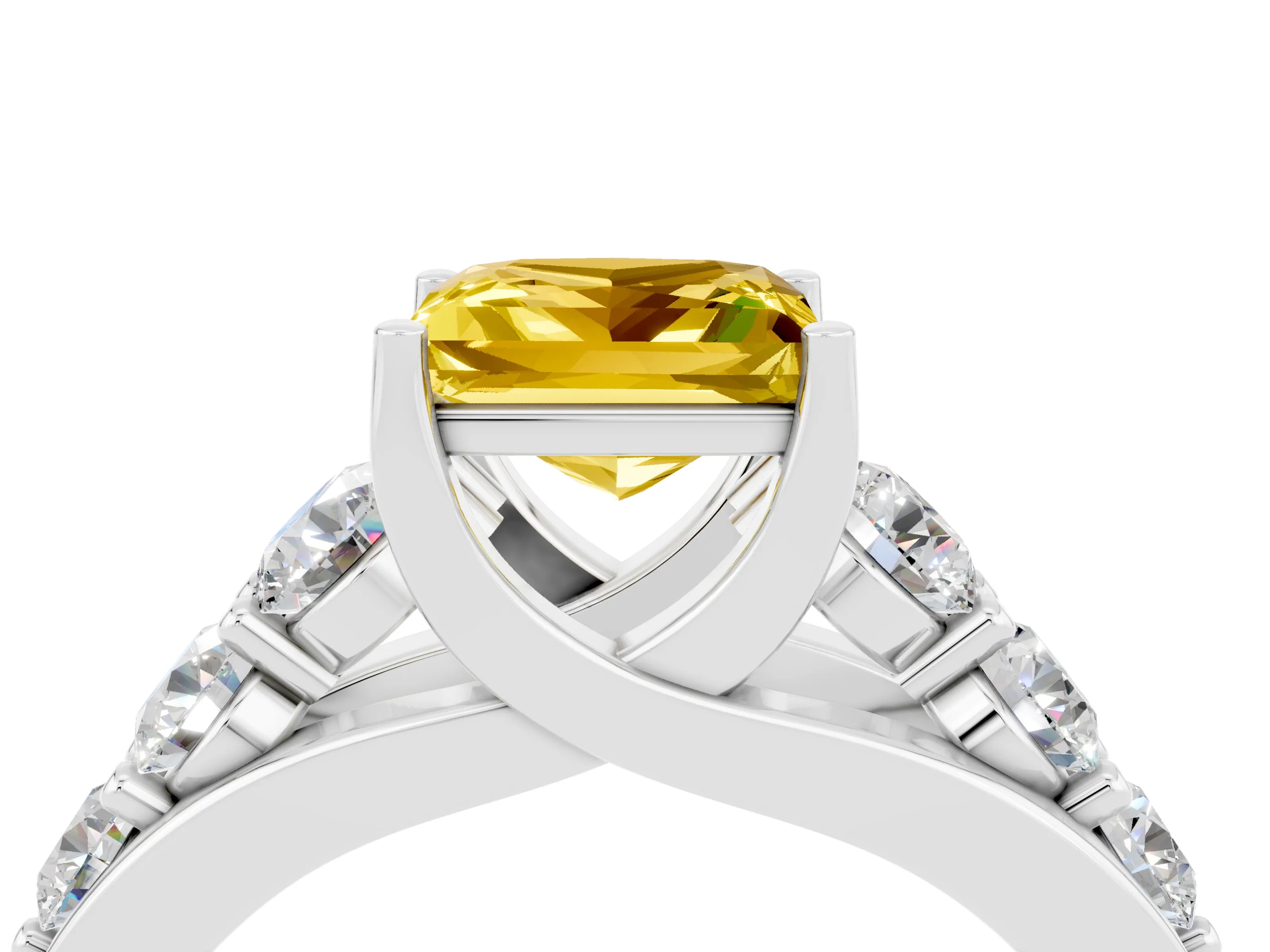 White gold Princess Cut Yellow Sapphire Engagement Ring with Pavé Band and Four-Prong Setting_4