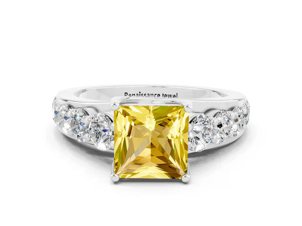 White gold Princess Cut Yellow Sapphire Engagement Ring with Pavé Band and Four-Prong Setting