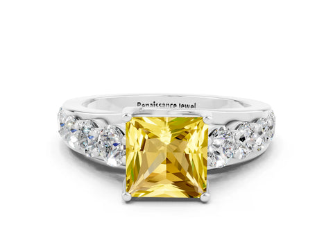 White gold Princess Cut Yellow Sapphire Engagement Ring with Pavé Band and Four-Prong Setting