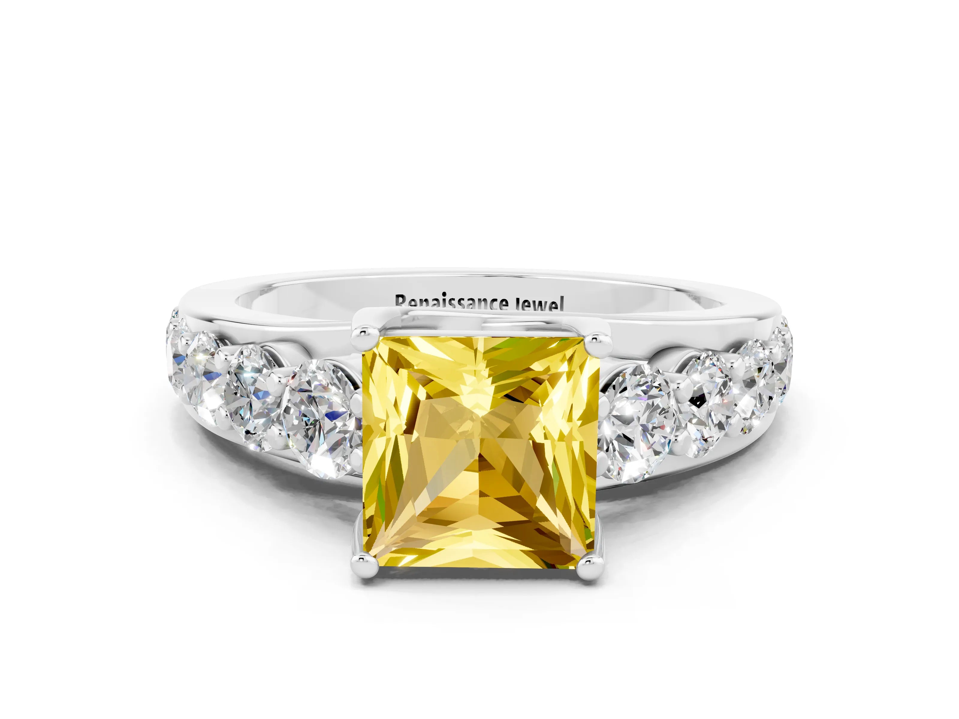 White gold Princess Cut Yellow Sapphire Engagement Ring with Pavé Band and Four-Prong Setting