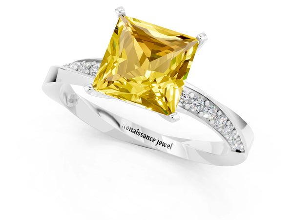 White gold Princess Cut Yellow Sapphire Engagement Ring with Side Stone Accents and Four-Prong Setting