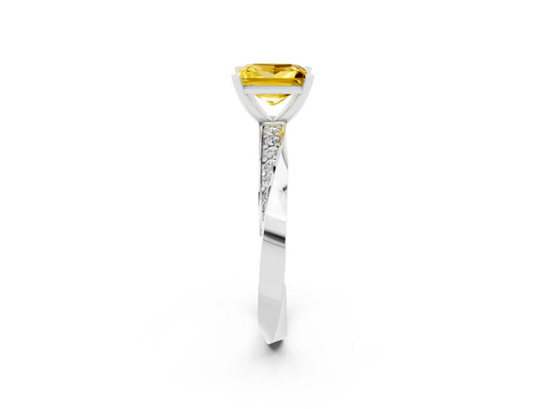 White gold Princess Cut Yellow Sapphire Engagement Ring with Side Stone Accents and Four-Prong Setting