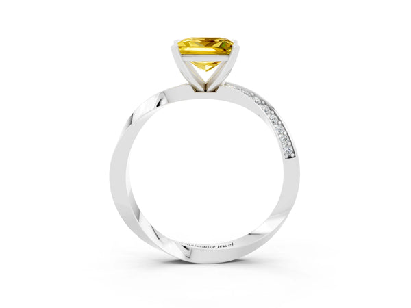 White gold Princess Cut Yellow Sapphire Engagement Ring with Side Stone Accents and Four-Prong Setting