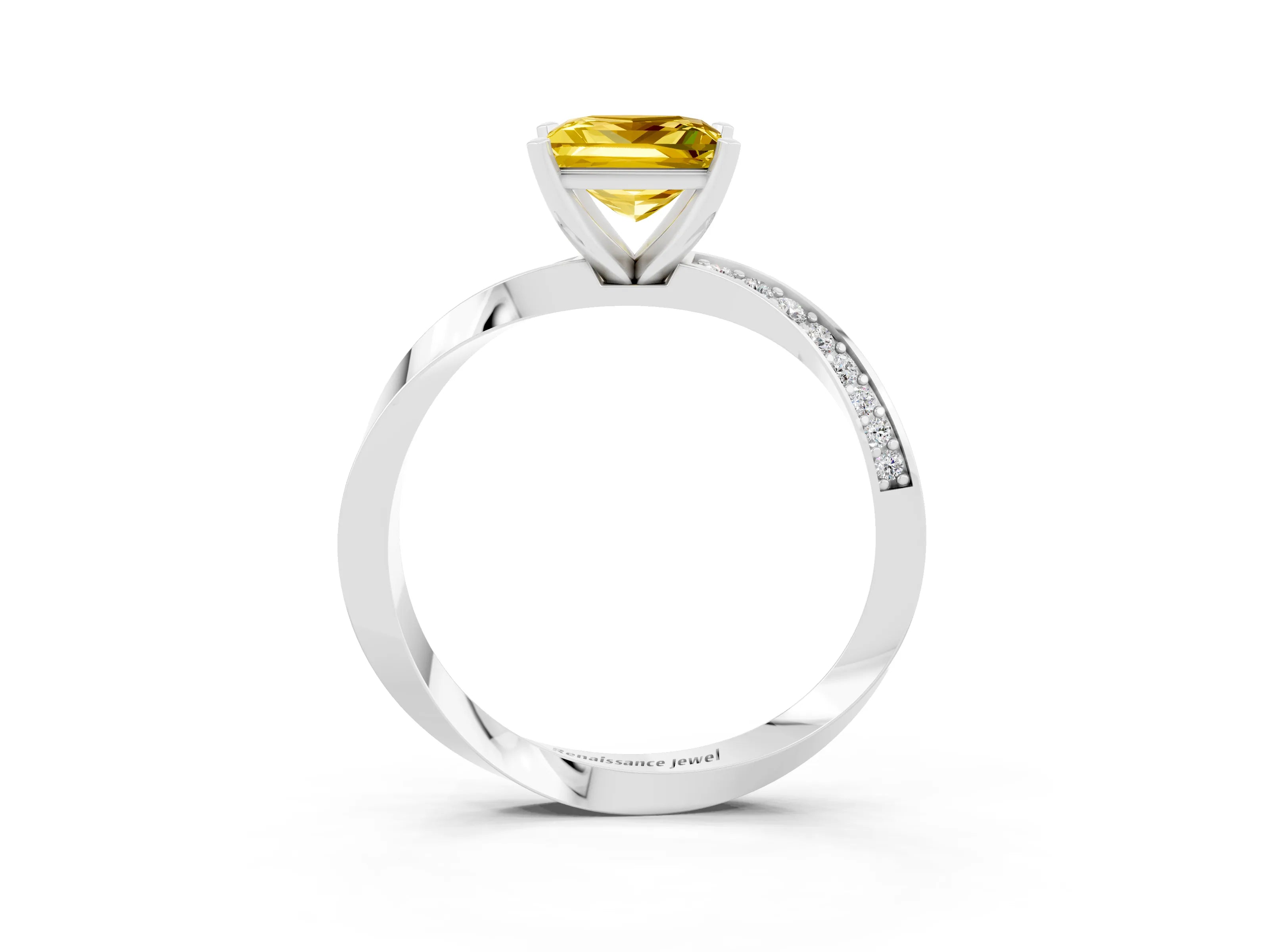 White gold Princess Cut Yellow Sapphire Engagement Ring with Side Stone Accents and Four-Prong Setting_66