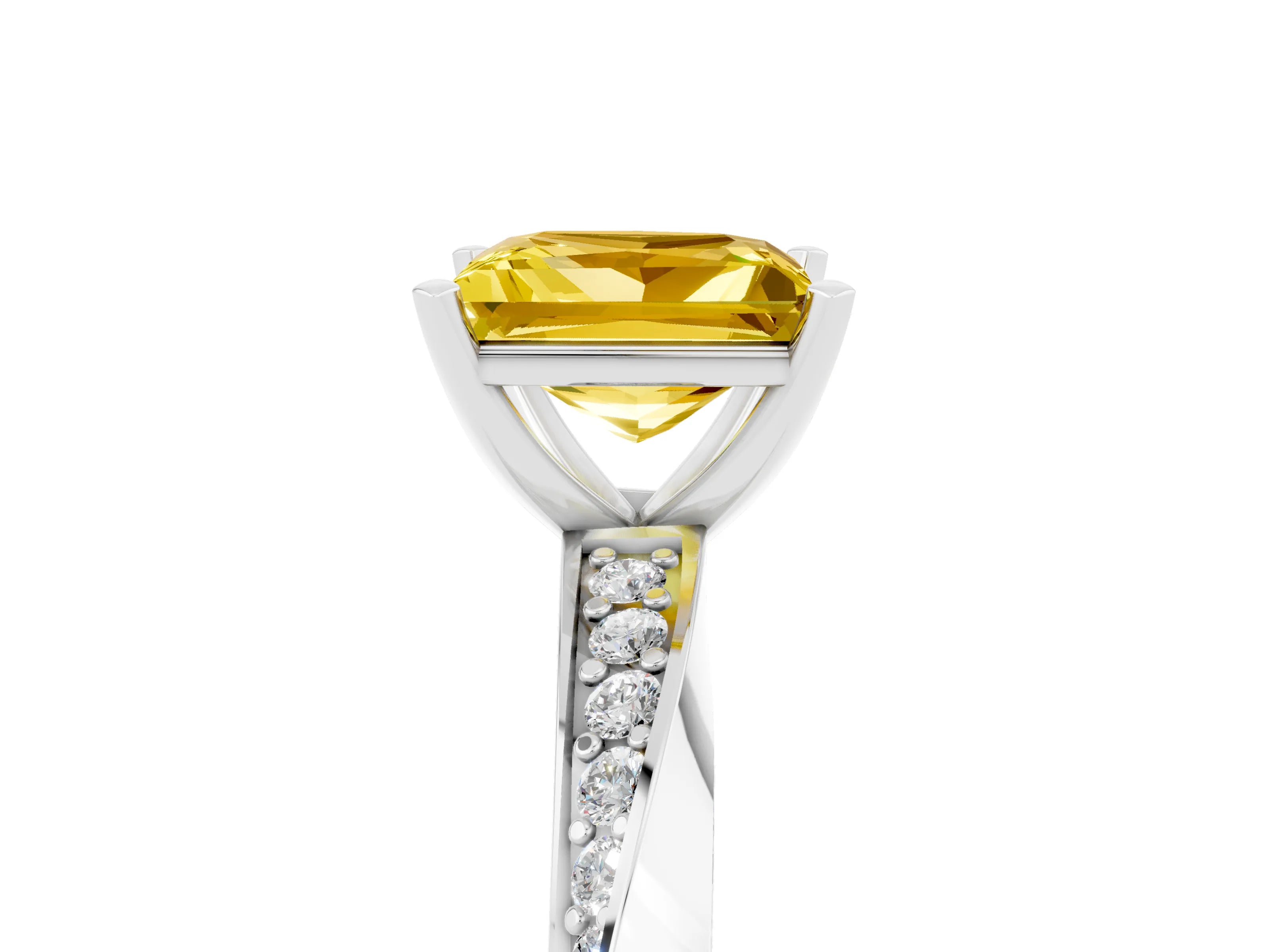 White gold Princess Cut Yellow Sapphire Engagement Ring with Side Stone Accents and Four-Prong Setting_68