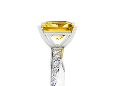 White gold Princess Cut Yellow Sapphire Engagement Ring with Side Stone Accents and Four-Prong Setting_68