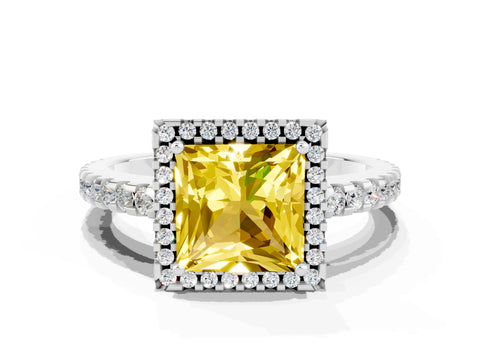 White gold Princess Cut Yellow Sapphire Halo Engagement Ring with Pavé Band and Prong Setting_12