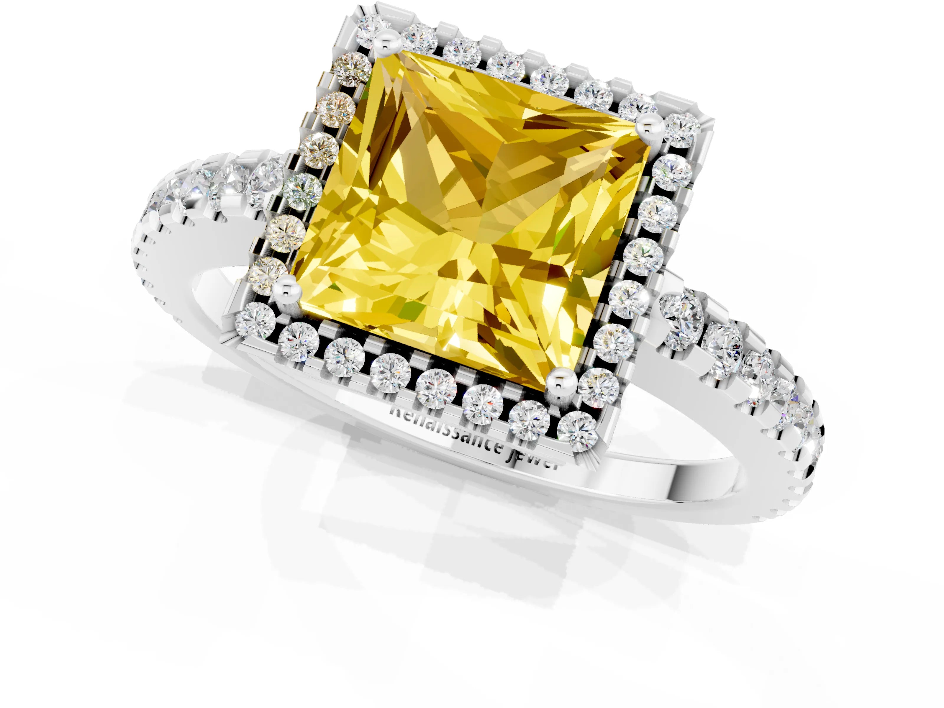 White gold Princess Cut Yellow Sapphire Halo Engagement Ring with Pavé Band and Prong Setting_13