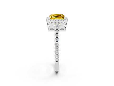 White gold Princess Cut Yellow Sapphire Halo Engagement Ring with Pavé Band and Prong Setting_14