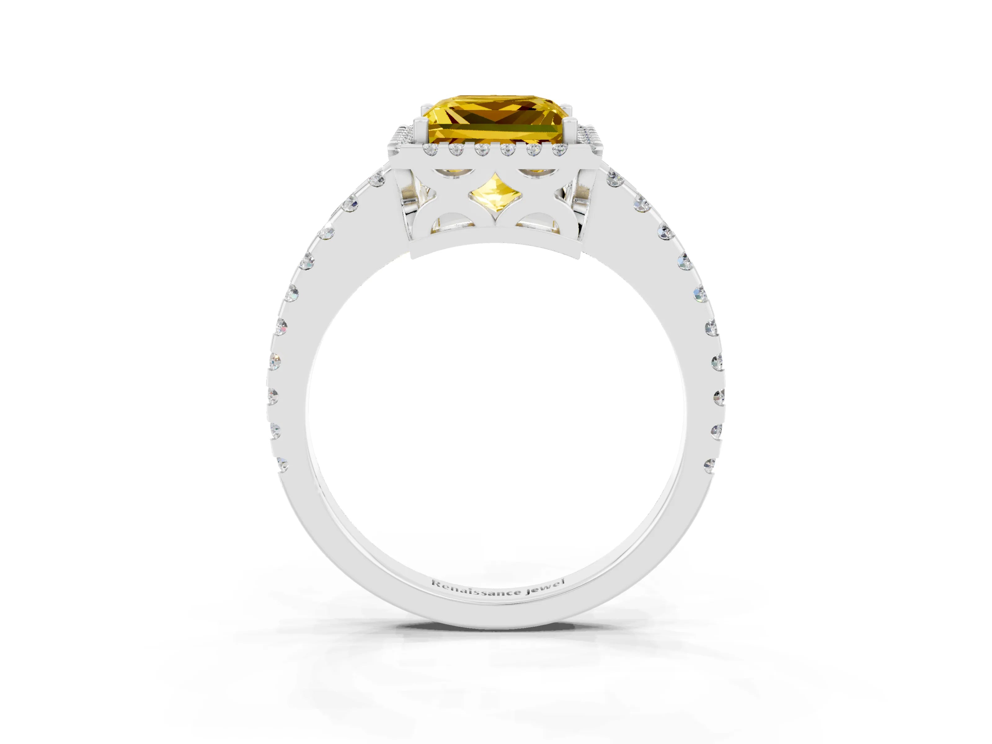 White gold Princess Cut Yellow Sapphire Halo Engagement Ring with Pavé Band and Prong Setting_15