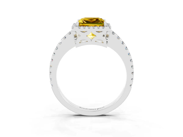 Silver Princess Cut Yellow Sapphire Halo Engagement Ring with Pavé Band and Prong Setting