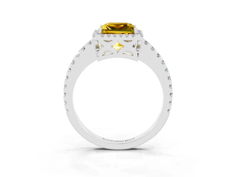 White gold Princess Cut Yellow Sapphire Halo Engagement Ring with Pavé Band and Prong Setting_15