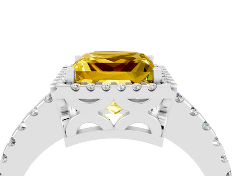 White gold Princess Cut Yellow Sapphire Halo Engagement Ring with Pavé Band and Prong Setting_16