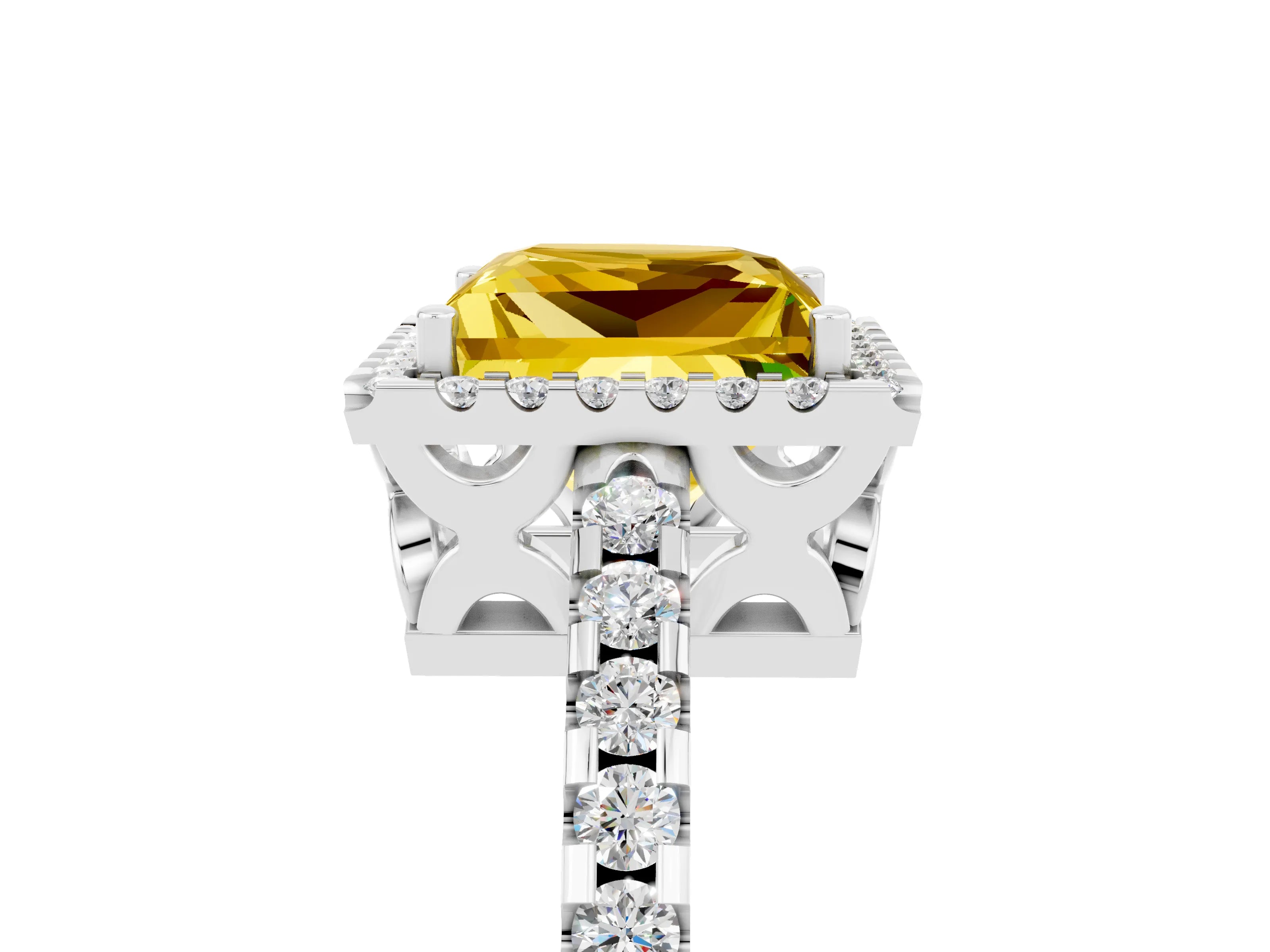 White gold Princess Cut Yellow Sapphire Halo Engagement Ring with Pavé Band and Prong Setting_17