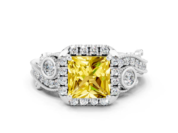 White gold Princess Cut Yellow Sapphire Halo Ring with Milgrain Pavé Band and Four-Prong Setting
