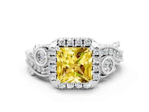 White gold Princess Cut Yellow Sapphire Halo Ring with Milgrain Pavé Band and Four-Prong Setting_12
