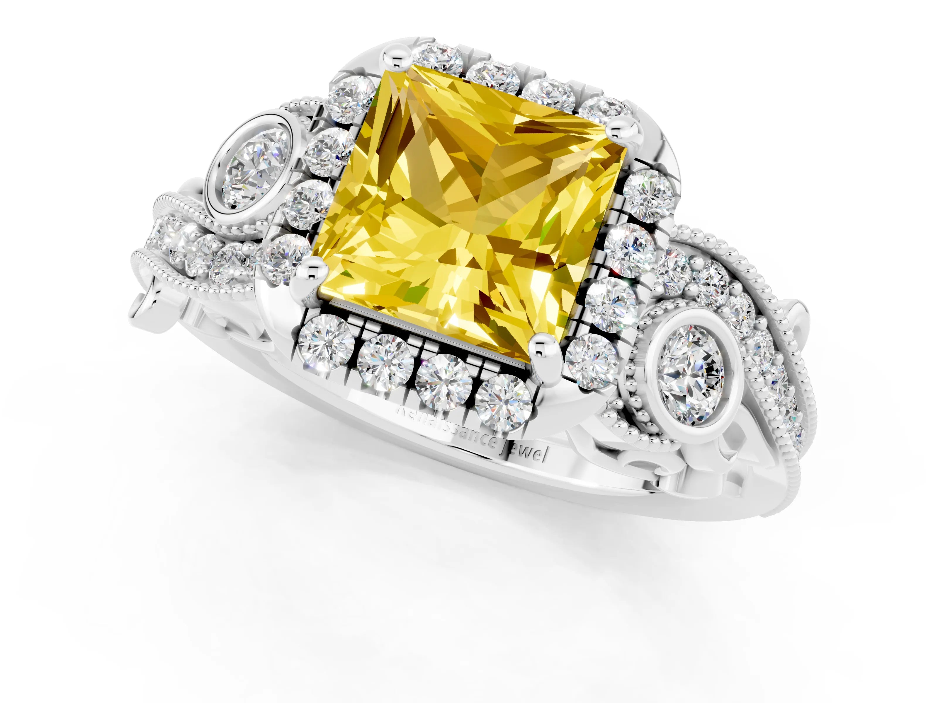 White gold Princess Cut Yellow Sapphire Halo Ring with Milgrain Pavé Band and Four-Prong Setting_13
