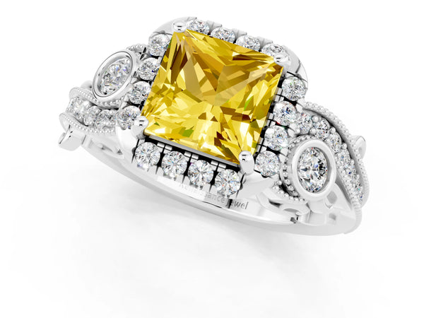 White gold Princess Cut Yellow Sapphire Halo Ring with Milgrain Pavé Band and Four-Prong Setting
