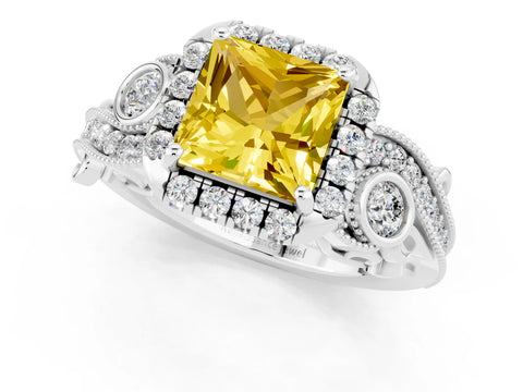White gold Princess Cut Yellow Sapphire Halo Ring with Milgrain Pavé Band and Four-Prong Setting_13