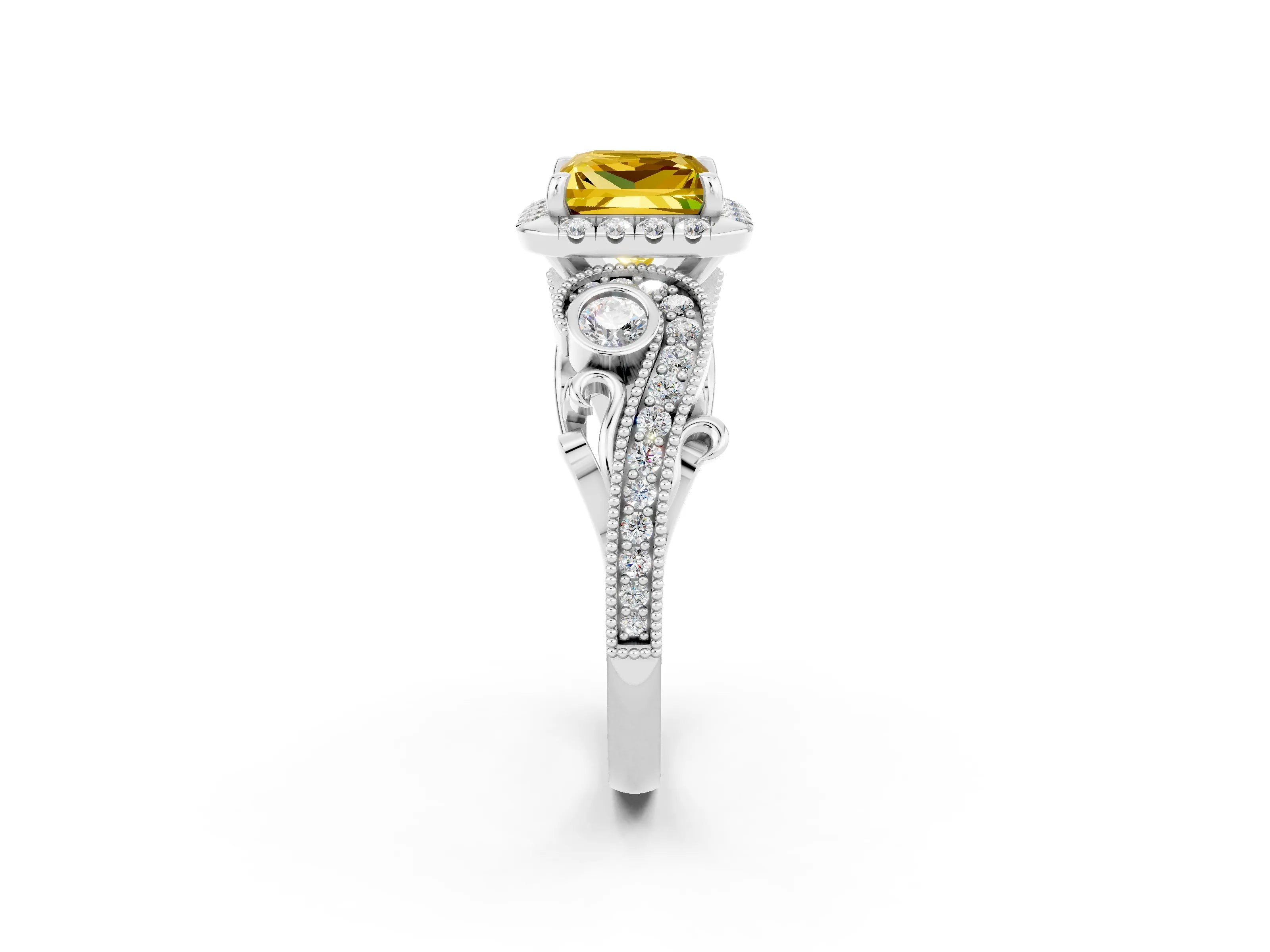 White gold Princess Cut Yellow Sapphire Halo Ring with Milgrain Pavé Band and Four-Prong Setting_14