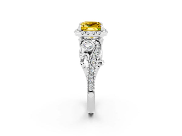 White gold Princess Cut Yellow Sapphire Halo Ring with Milgrain Pavé Band and Four-Prong Setting