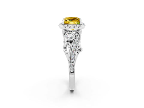 White gold Princess Cut Yellow Sapphire Halo Ring with Milgrain Pavé Band and Four-Prong Setting_14