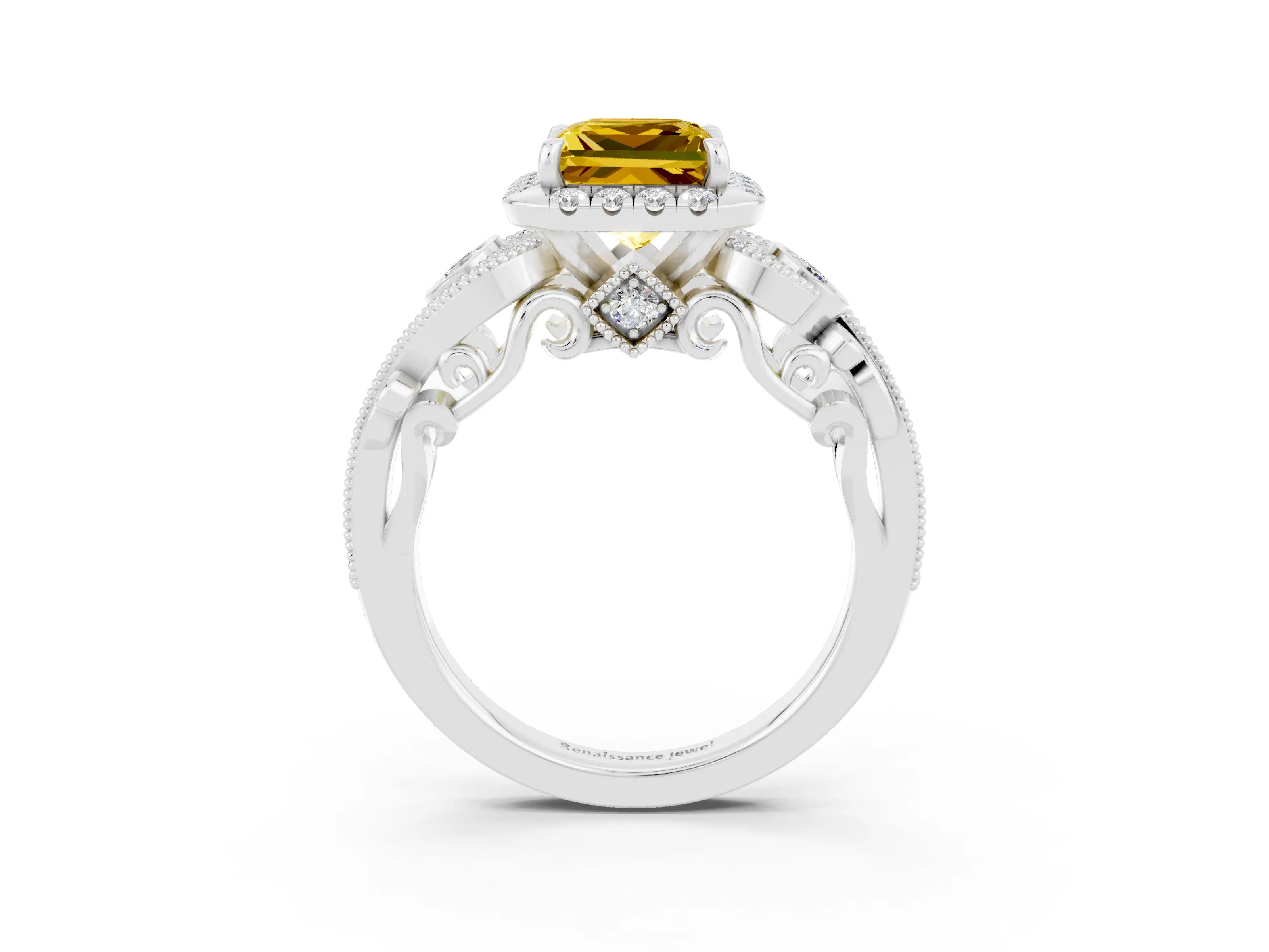 White gold Princess Cut Yellow Sapphire Halo Ring with Milgrain Pavé Band and Four-Prong Setting_15