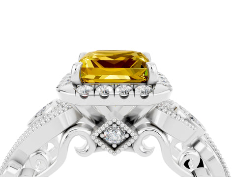 White gold Princess Cut Yellow Sapphire Halo Ring with Milgrain Pavé Band and Four-Prong Setting_16