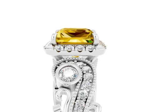 White gold Princess Cut Yellow Sapphire Halo Ring with Milgrain Pavé Band and Four-Prong Setting_17