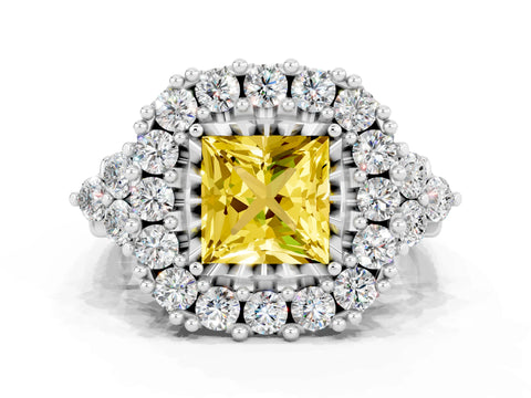 White gold Princess Cut Yellow Sapphire Halo Ring with Pavé Band and Four-Prong Setting_12