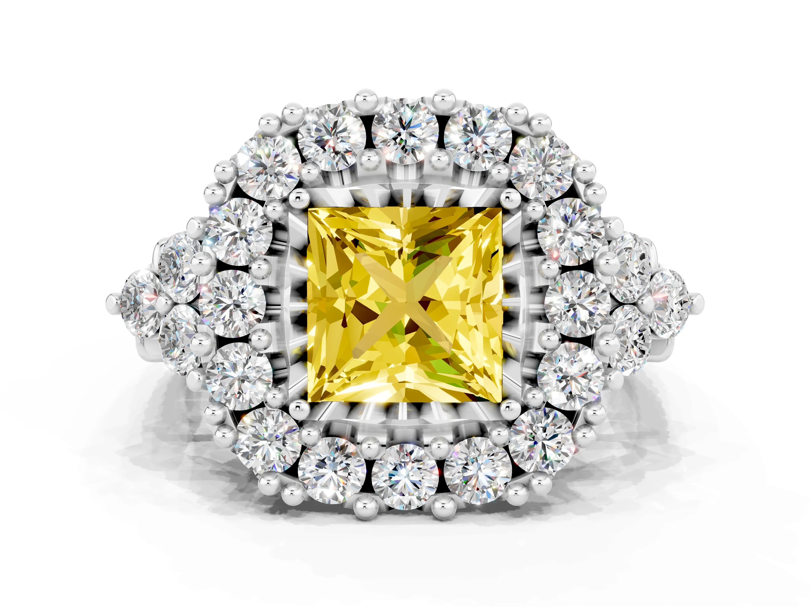 White gold Princess Cut Yellow Sapphire Halo Ring with Pavé Band and Four-Prong Setting_12