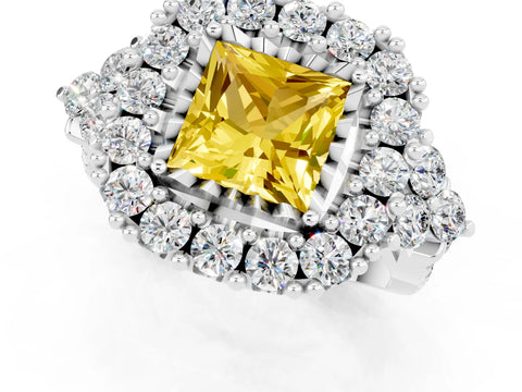 White gold Princess Cut Yellow Sapphire Halo Ring with Pavé Band and Four-Prong Setting_13