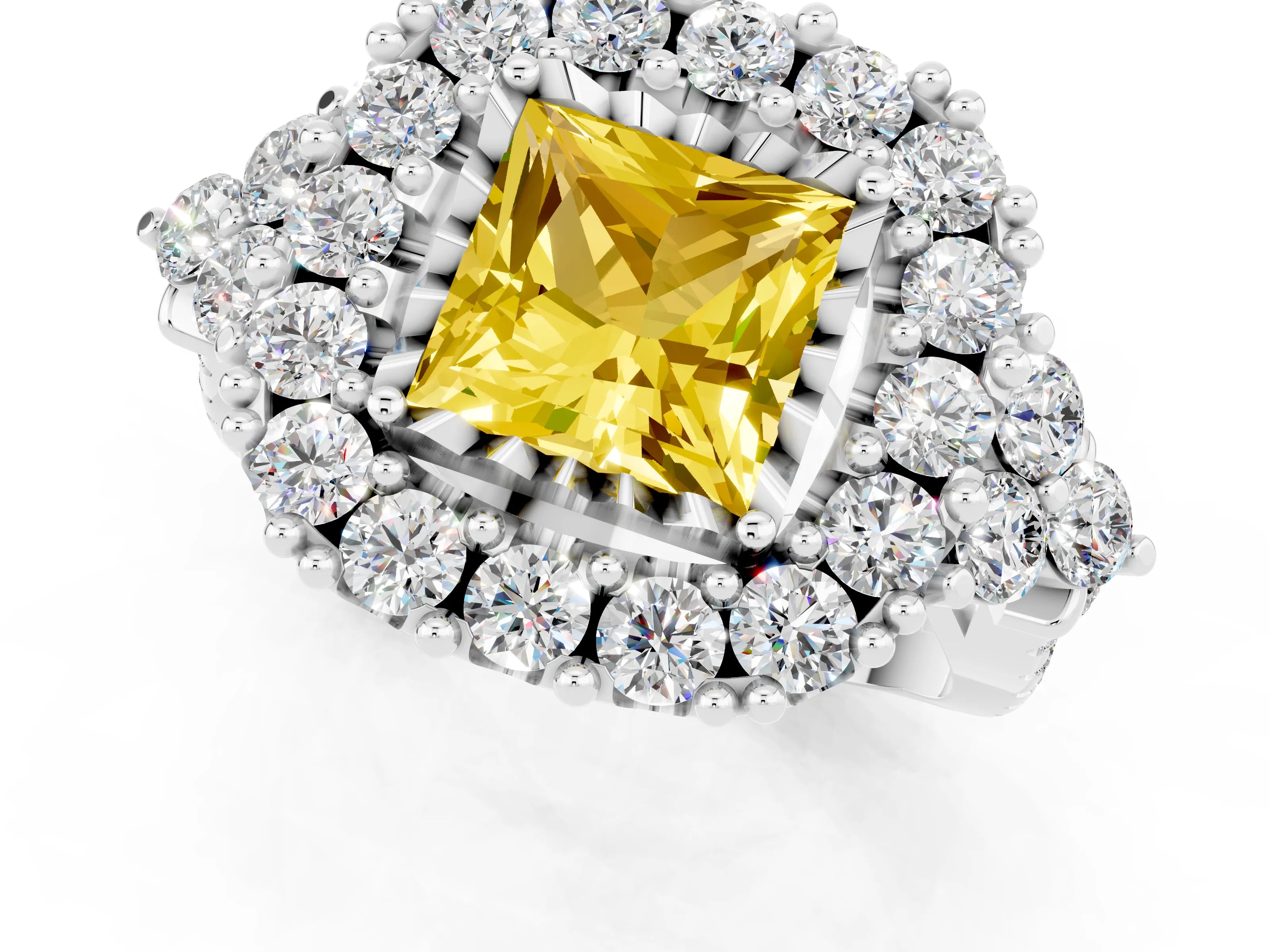 White gold Princess Cut Yellow Sapphire Halo Ring with Pavé Band and Four-Prong Setting_13