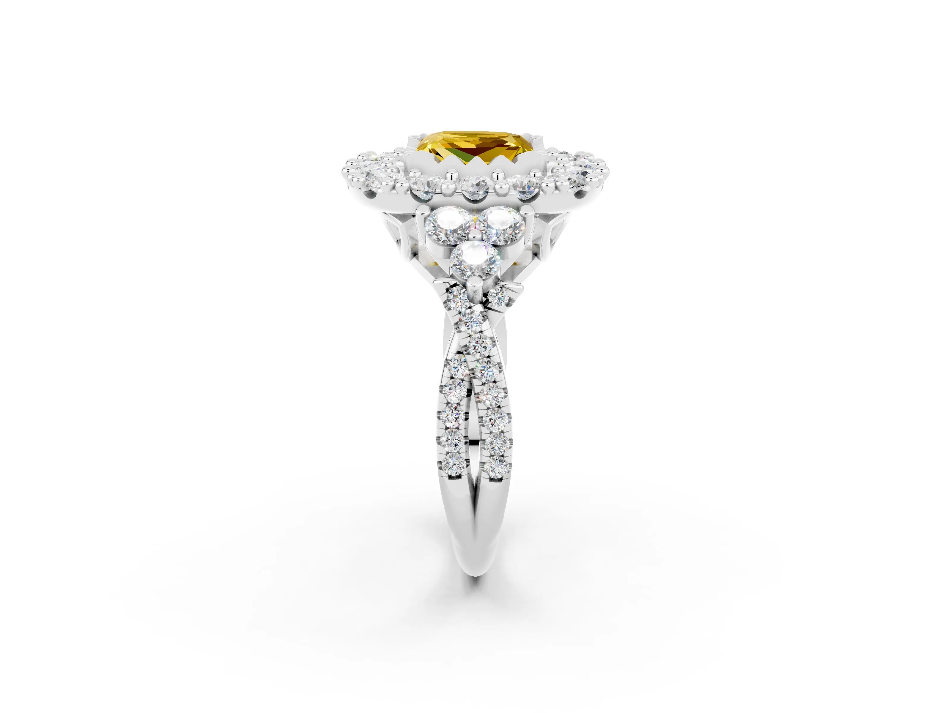 White gold Princess Cut Yellow Sapphire Halo Ring with Pavé Band and Four-Prong Setting_14