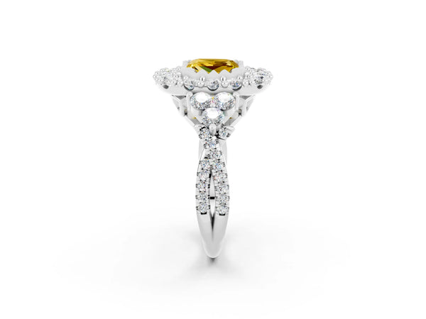 White gold Princess Cut Yellow Sapphire Halo Ring with Pavé Band and Four-Prong Setting