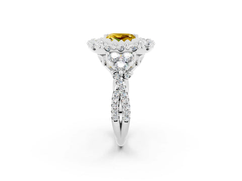 White gold Princess Cut Yellow Sapphire Halo Ring with Pavé Band and Four-Prong Setting_14