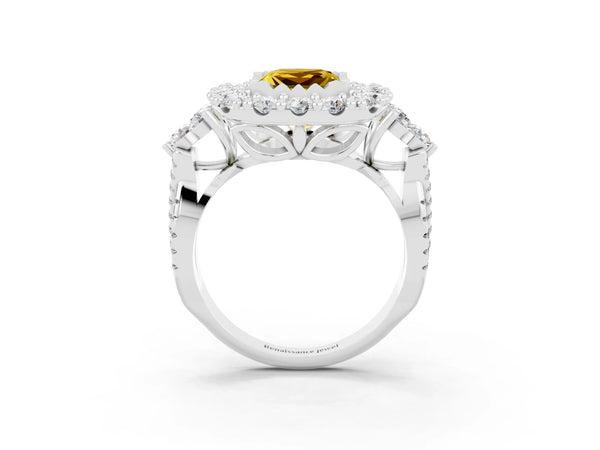Platinum Princess Cut Yellow Sapphire Halo Ring with Pavé Band and Four-Prong Setting