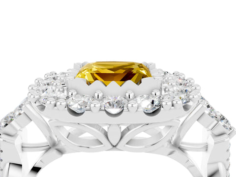 White gold Princess Cut Yellow Sapphire Halo Ring with Pavé Band and Four-Prong Setting_16