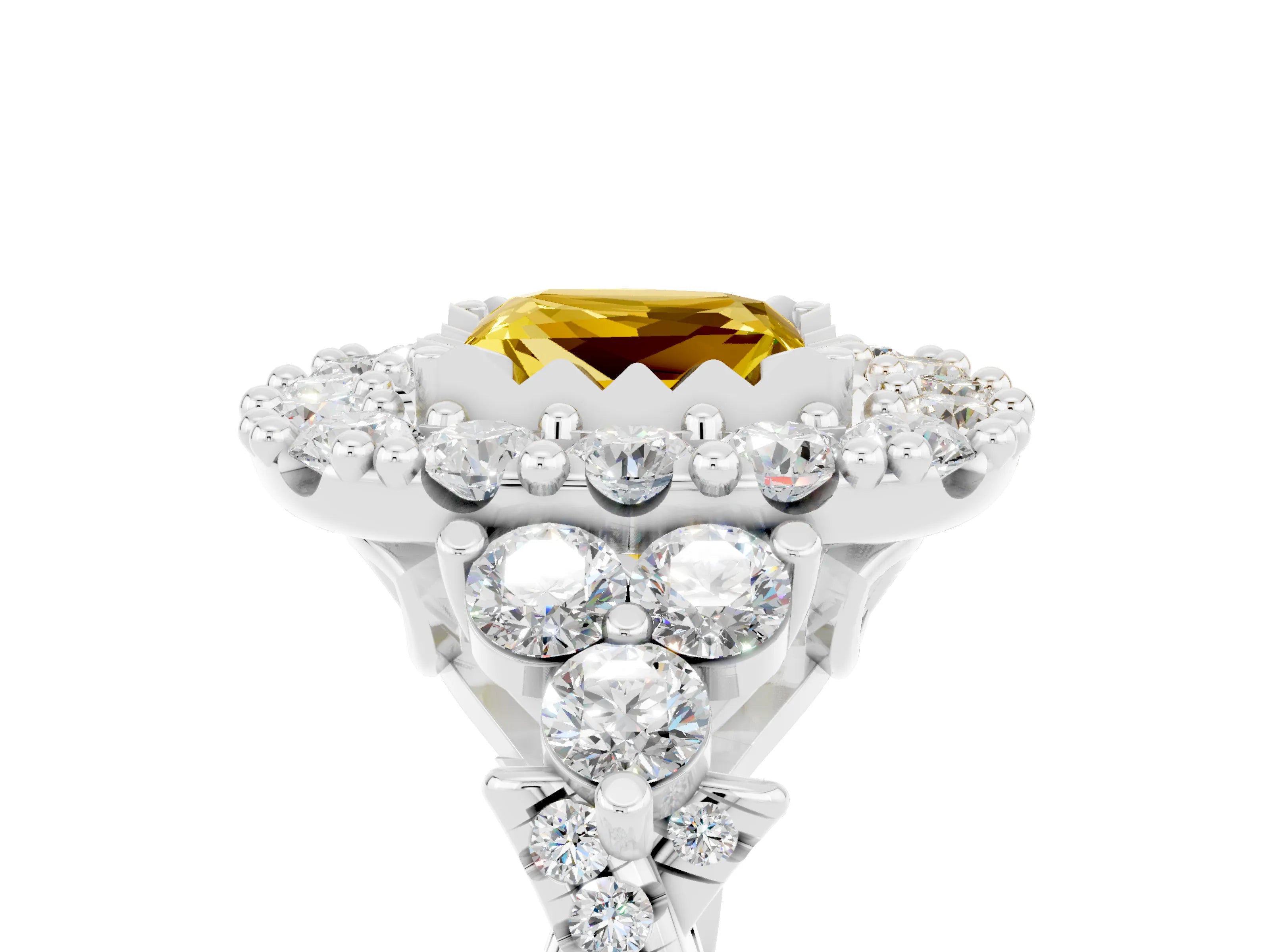 White gold Princess Cut Yellow Sapphire Halo Ring with Pavé Band and Four-Prong Setting_17