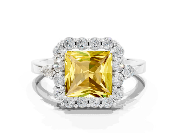 White gold Princess Cut Yellow Sapphire Halo Ring with Pear Side Stones and Prong Setting