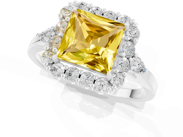 Platinum Princess Cut Yellow Sapphire Halo Ring with Pear Side Stones and Prong Setting
