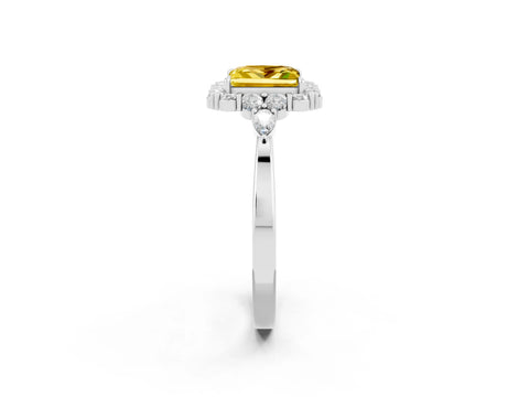 White gold Princess Cut Yellow Sapphire Halo Ring with Pear Side Stones and Prong Setting_26