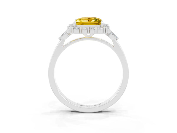 Silver Princess Cut Yellow Sapphire Halo Ring with Pear Side Stones and Prong Setting