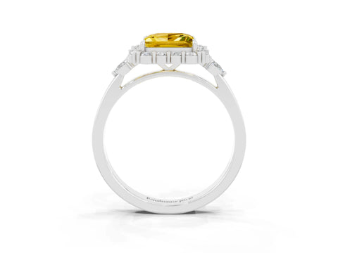 White gold Princess Cut Yellow Sapphire Halo Ring with Pear Side Stones and Prong Setting_27
