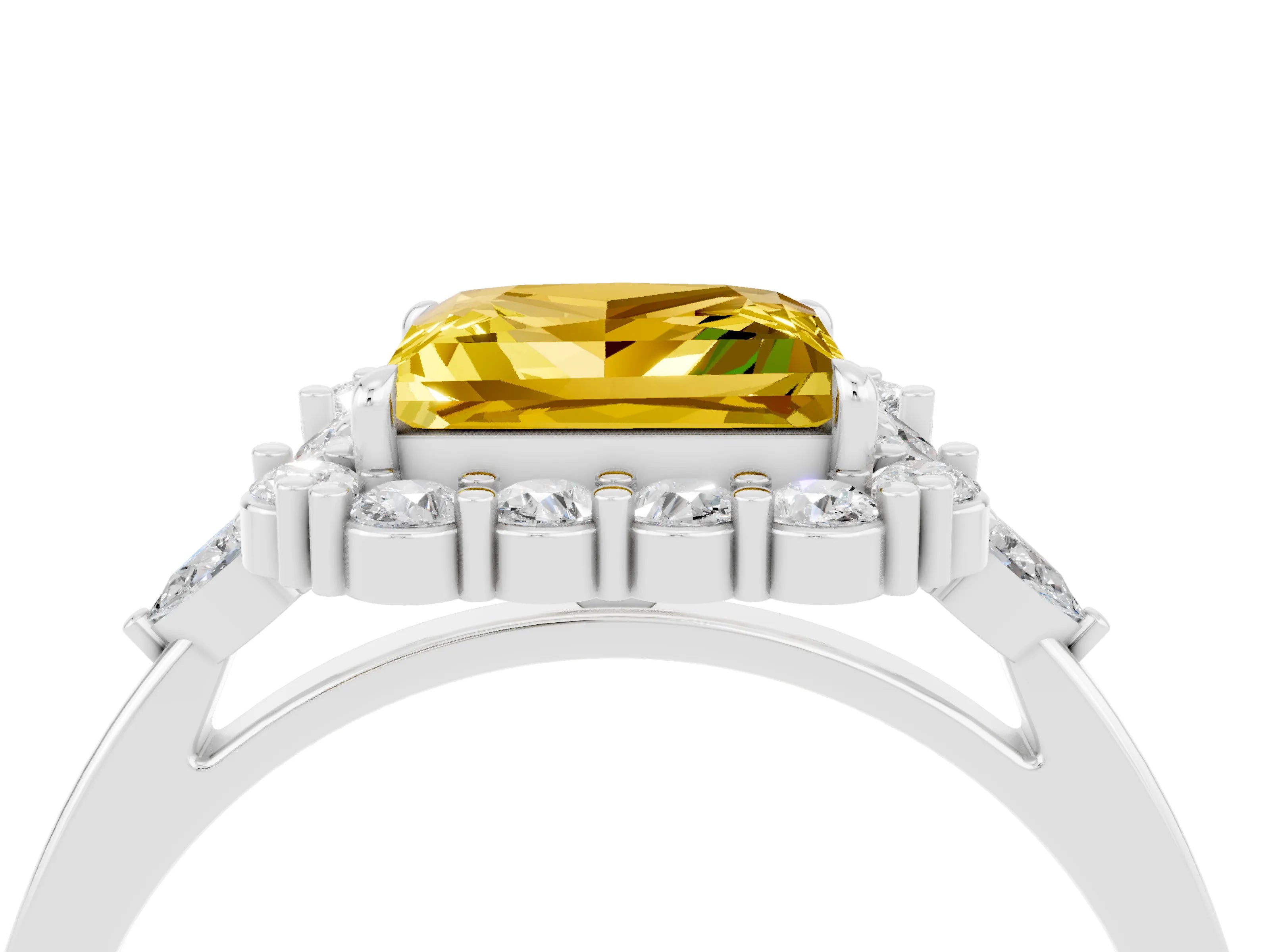 White gold Princess Cut Yellow Sapphire Halo Ring with Pear Side Stones and Prong Setting_28