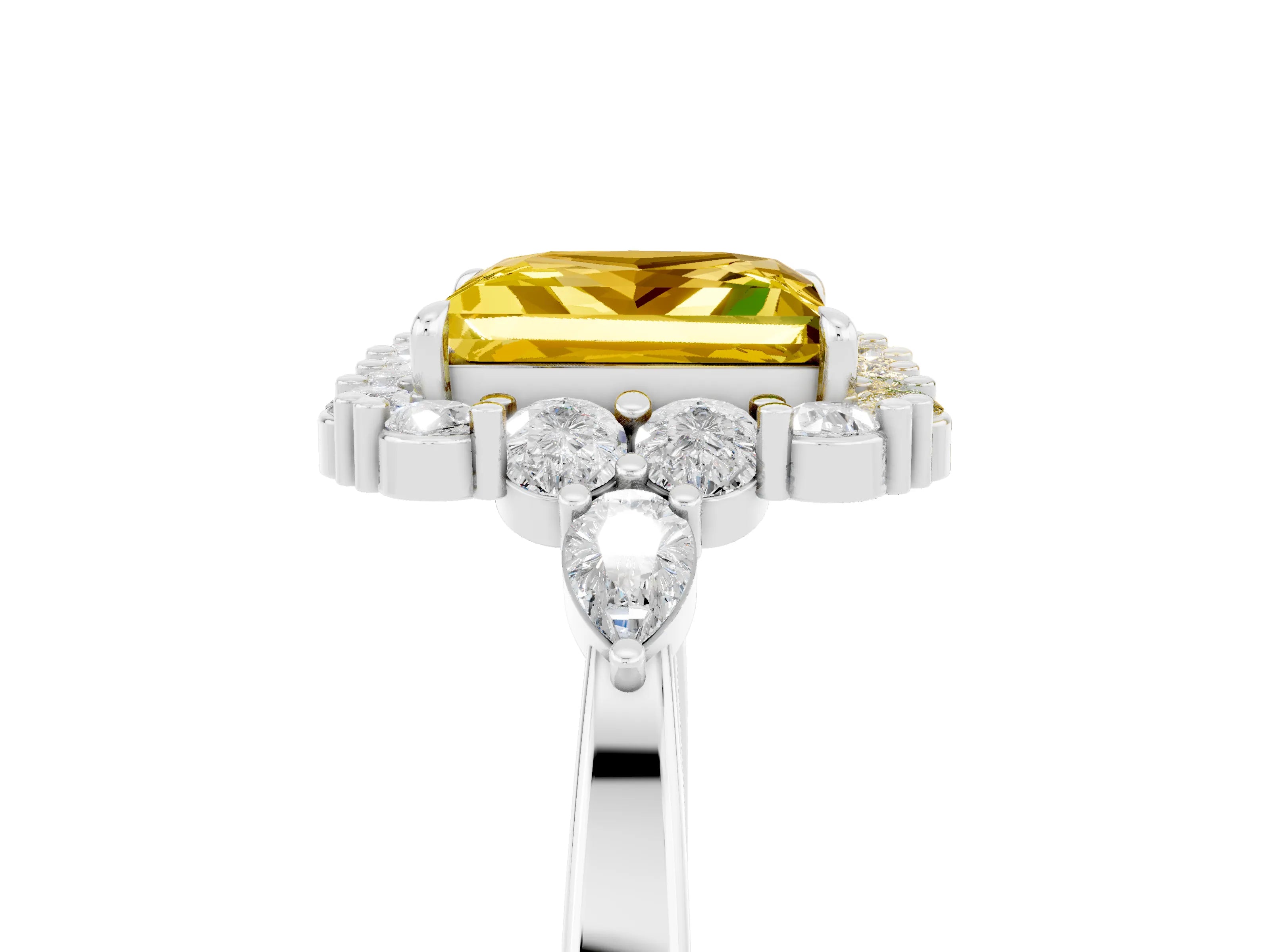 White gold Princess Cut Yellow Sapphire Halo Ring with Pear Side Stones and Prong Setting_29
