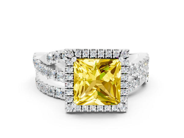 Platinum Princess Cut Yellow Sapphire Halo Ring with Round Split Shank and Prong Setting