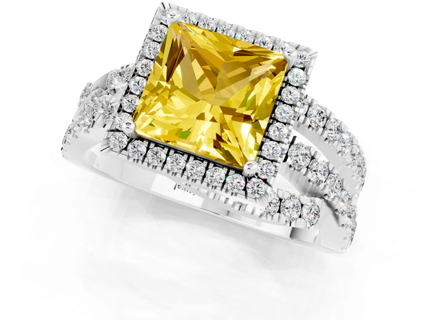Platinum Princess Cut Yellow Sapphire Halo Ring with Round Split Shank and Prong Setting