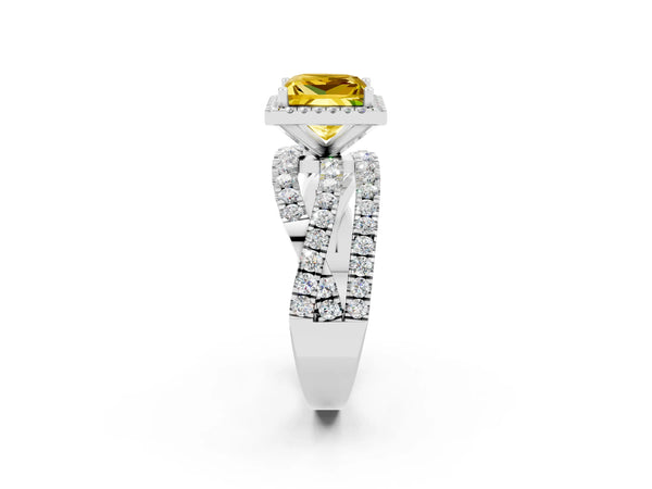 Platinum Princess Cut Yellow Sapphire Halo Ring with Round Split Shank and Prong Setting